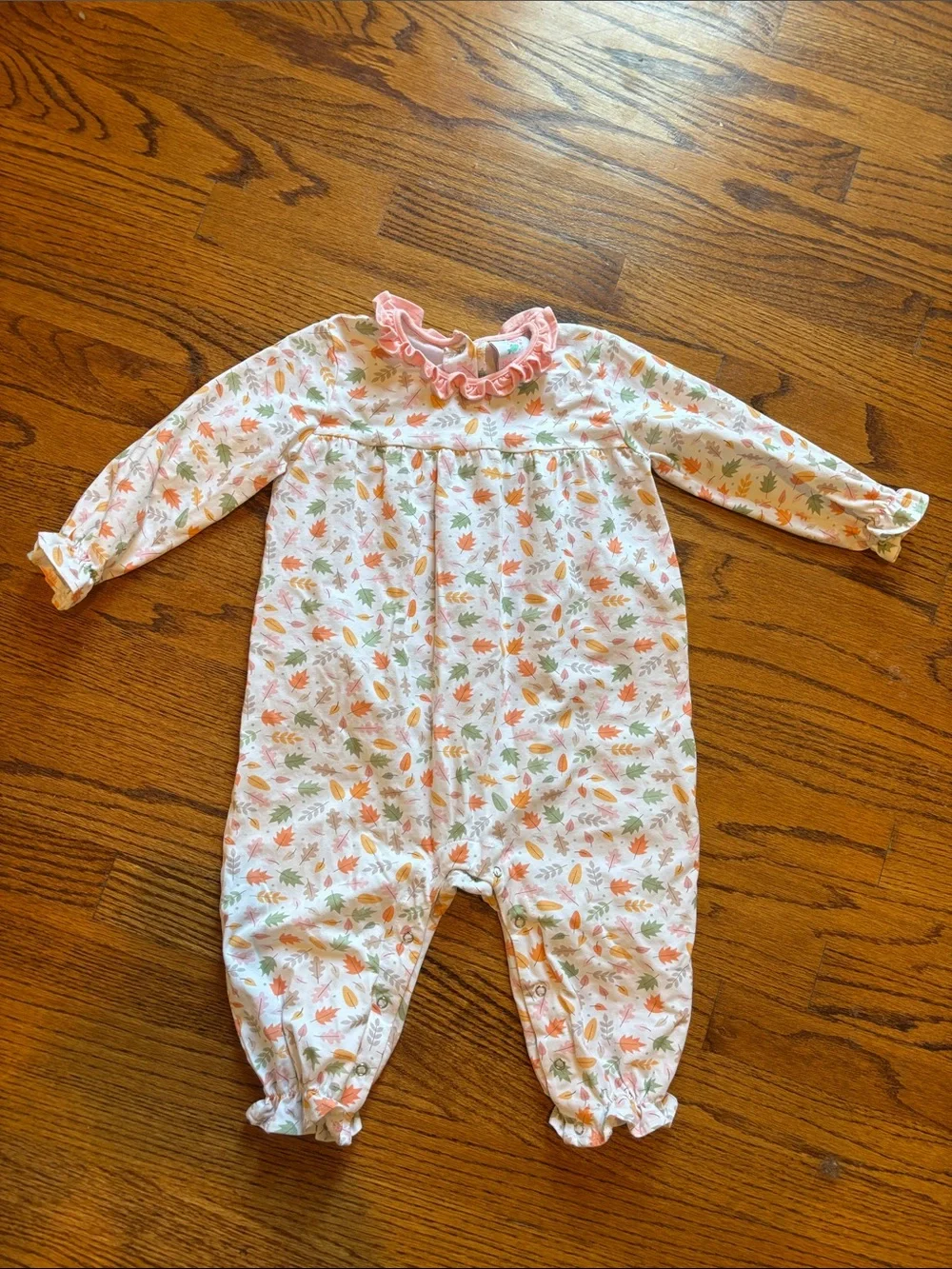 Stitchy Fish Cotton Girls Pink Floral Leaf Fall Ruffle One-Piece Romper size 3T